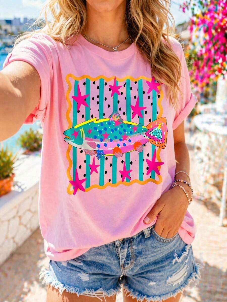 Camiseta de Mujer DrmWander, Estilo Casual Urbano con Estampado Gráfico, Camiseta de Manga Corta, Bonita para el Verano - Rosa 2 - Ver 1