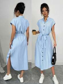Vestido largo de manga corta para verano 2025, nuevo, con bolsillo, abertura lateral, cinturón y lazo, estampado de leopardo, para uso casual y de viaje - Azul 2 - Ver 9