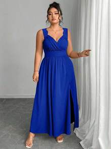 Elenzya Vestido línea A con cuello en V, contraste de encaje, tirantes finos y abertura para tallas grandes - azul real - Ver 3