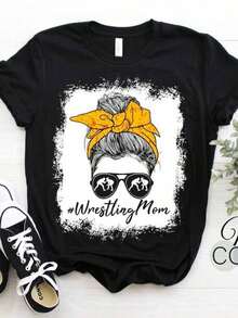 Wrestling Mom Messy Bun Wrestlers Sport Vintage Wrestler Gift Funny T-Shirt, High School, College Professional Tee, Birthday Present T-Shirt, 10 Year Old Girl Clothes Set, Boy's Spring Costume For Boy, Spring Costume For Boy, 10 Year Old Boy Clothes, Teen Clothes - 黑色 - 查看 1