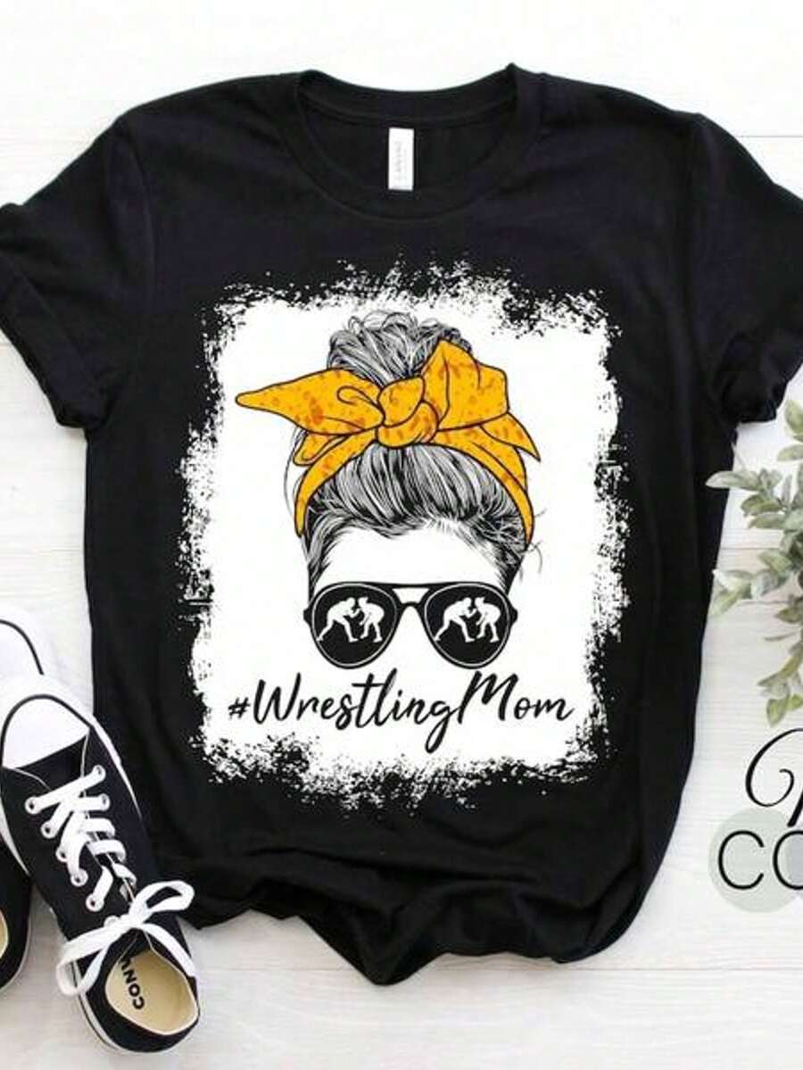 Wrestling Mom Messy Bun Wrestlers Sport Vintage Wrestler Gift Funny T-Shirt, High School, College Professional Tee, Birthday Present T-Shirt, 10 Year Old Girl Clothes Set, Boy's Spring Costume For Boy, Spring Costume For Boy, 10 Year Old Boy Clothes, Teen Clothes - 黑色 - 查看 1