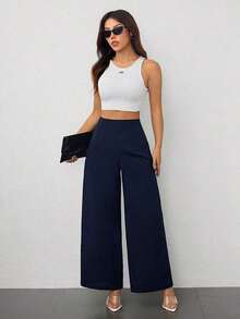 Pantalones anchos de cintura alta con textura, moda casual sencilla para la temporada de vuelta al colegio, estilo de dinero viejo para ir y venir - Azul marino - Ver 5