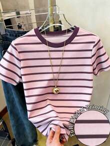 Camiseta de manga corta de cuello redondo con ribete a rayas, casual de verano para mujer - Multicolor - Ver 5