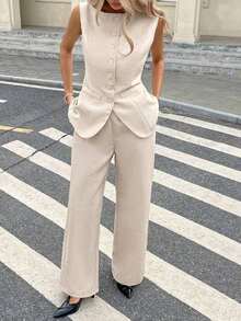 Set de 2 piezas de traje casual de mujer con chaleco de un solo botonadura y pantalones de unicolor - Albaricoque - Ver 5