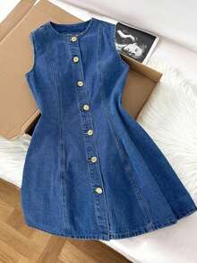 Vestido mini ajustado de mezclilla sin mangas y casual, azul - Azul lavado medio - Ver 6