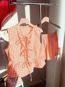 Set de 2 piezas de ropa de mujer con top tipo camiseta con cordones y shorts a cuadros, ideal para el Día de San Valentín - Naranja Quemada - Ver 6