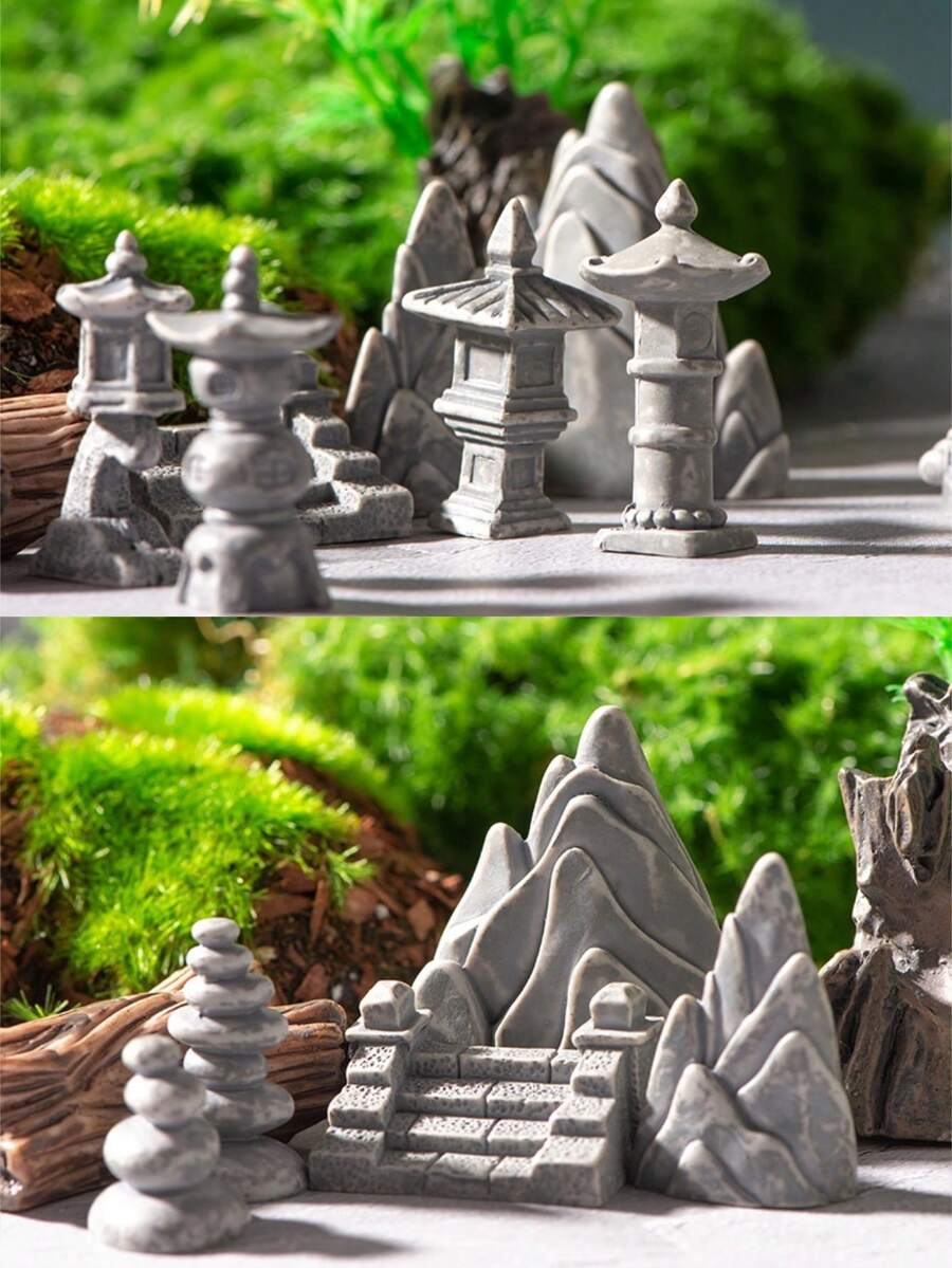 5/10件組 日式禪意庭園微縮景觀，精緻ABS淺灰色建築裝飾，隨機燈塔、橋、石景、疊石、石船與階梯，適用於DIY盆栽、微景觀、露台、陽台、花園裝飾，收藏飾品與禮品