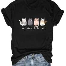 Camiseta de Verano para Mujer con Estampado de Gato de Dibujos Animados y Cuello Redondo Ajustado - Negro - Ver 6