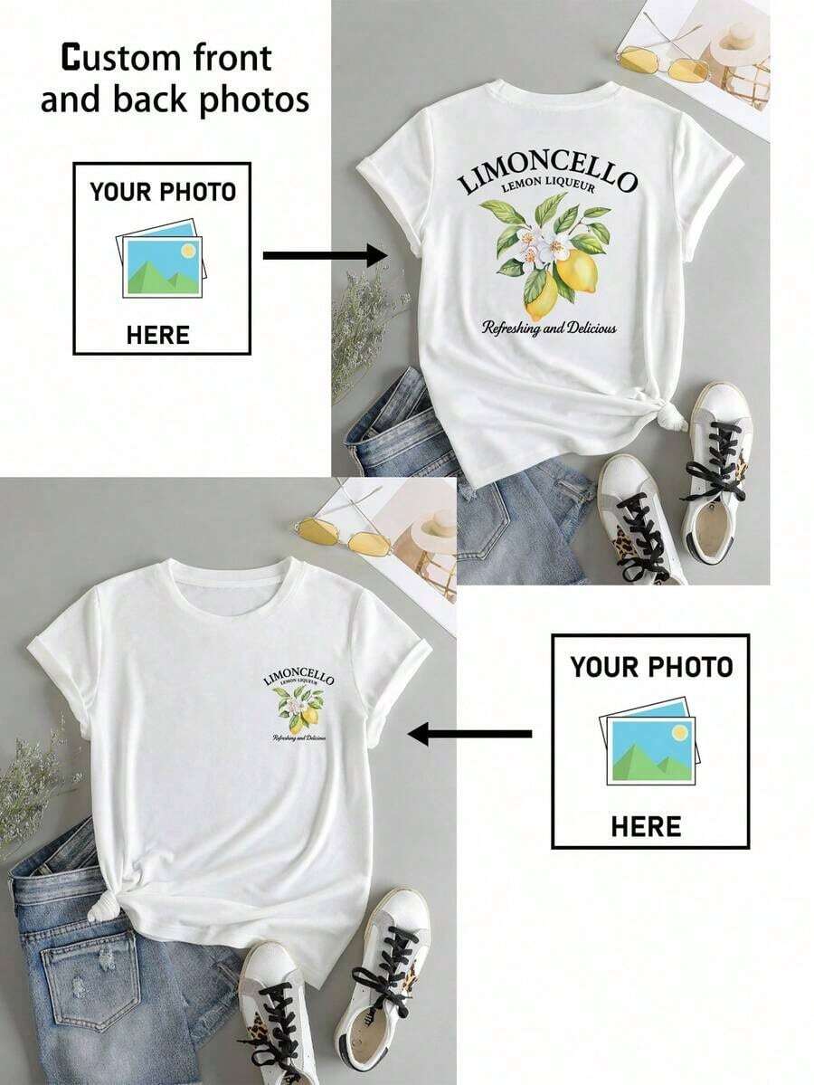 Personalized Women's T-Shirt - Add Your Text And Photos (Landscape/Badge/Couple/Family/Selfie/Pet), Printable On The Front And Back, Suitable For Summer Travel, Girlfriend Gift, Personalized Women's T-Shirt, Women's Top, Fashion, Casual, Minimalist, Personalized, Unique, Men's Clothing, Black Capsule Wardrobe, For The Family - 白色的 - 查看 1