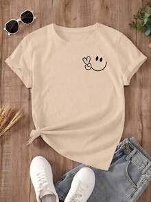 Women's Oversized Red Summer T-Shirt With  Face And Peace Sign Print. Casual Red Short-Sleeved T-Shirt With  Face, Ideal For Cool Summer Looks. - YH463-杏色 - 查看 2