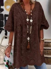 Solid Color Hollow Out V-Neck Lace Blouse, Comfortable Plus Size Short Sleeve Shirt, Regular Fit V-Neck Embroidered Sheer Top Vacation - Coffee Brown - View 1
