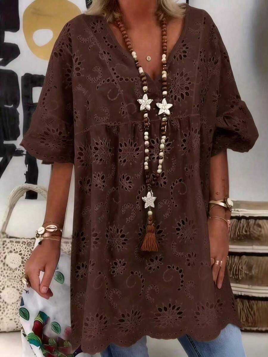 Solid Color Hollow Out V-Neck Lace Blouse, Comfortable Plus Size Short Sleeve Shirt, Regular Fit V-Neck Embroidered Sheer Top Vacation - Coffee Brown - View 1