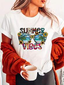 Camiseta de talla grande para mujer con estampado de verano - Diseño de gafas de moda coloridas y girasoles, 100% algodón puro, transpirable, de manga corta y cuello redondo, estilo casual, adecuada para primavera, verano y otoño, lavable a máquina, una camiseta esencial para el verano. - Blanco - Ver 6