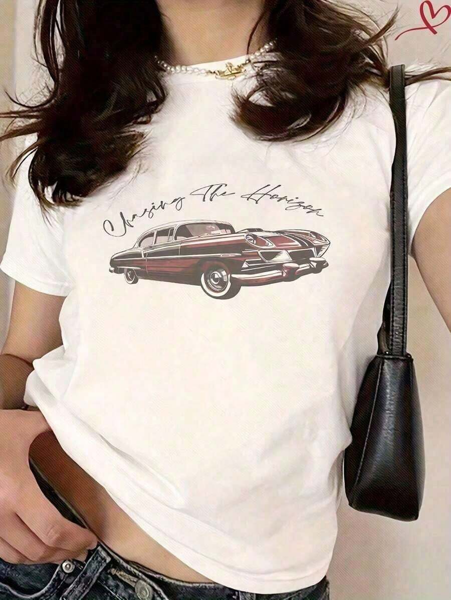 Camiseta Casual de Manga Corta para Mujer, Mezcla de Algodón, con Estampado de Coche 'Chasing The Horizon', Cuello Redondo, Largo Regular - Estilo_un - Ver 1