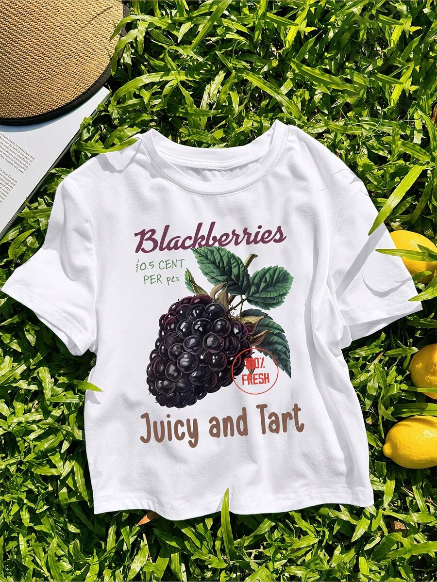 Women's Casual Short Sleeve T-Shirt With Fresh Grape And Letter Print - Unisex Urban Vintage Style, Loose Fit Cotton Short Sleeve T-Shirt With Round Neck, Blouses For Women. Blouses.Casual Blouses For Ladies. - 白色 - 查看 1