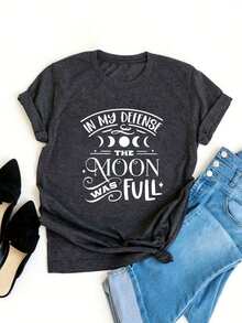 Camiseta Casual De Talla, Camiseta De Manga Corta Con Cuello Redondo Y Estampado De Luna Y Eslogan Para Mujer, Ligeramente Elástica - Negro - Ver 6