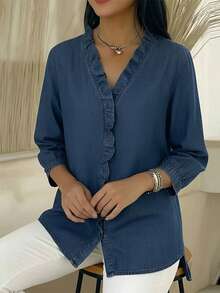 Camisa unicolor con volantes y mangas farol de tul, estilo elegante primavera 2026 - Azul oscuro - Ver 2