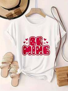 Camiseta Casual de Mujer con Estampado de Corazones "Be Mine" Estilo Vintage, Adecuada para Todas las Temporadas  
 BlackFashion - Blanco - Ver 2