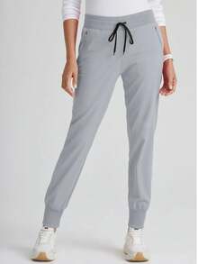 Spring/Summer Solid Color Multi-Pocket Drawstring Pants, Women's Fashion Commute/Work Bottoms, Comfortable Casual Jogger Trousers - Light Grey - View 1