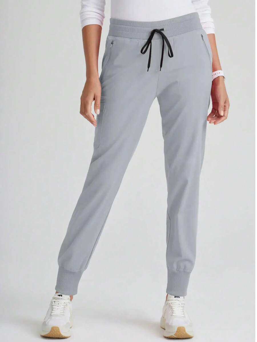 Spring/Summer Solid Color Multi-Pocket Drawstring Pants, Women's Fashion Commute/Work Bottoms, Comfortable Casual Jogger Trousers - Light Grey - View 1