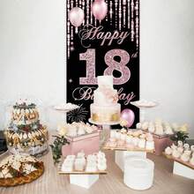 1 pièce Bannière d'anniversaire de 18 ans "Happy 18th Birthday" noire et or rose étincelante avec diamants, en matériau polyester, avec rideau de perles, éléments de gâteau et de feux d'artifice, convient pour les cérémonies de style luxe léger pour adultes, décorations de fête d'anniversaire, décors de fond photographique, décorations de cour, décorations de fête, etc. - A - Voir 5