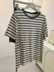 Camiseta de cuello redondo de color liso con detalles de lazo de pedrería de estilo minimalista - Multicolor 4 - Ver 3