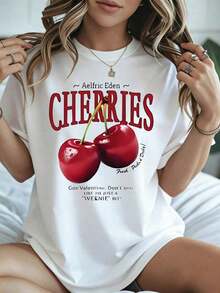Camiseta con Estampado de Cerezas para el Día de San Valentín, Diseño de Cerezas Rojas y Texto, Ropa Casual Blanca para Primavera Verano - Blanco - Ver 8