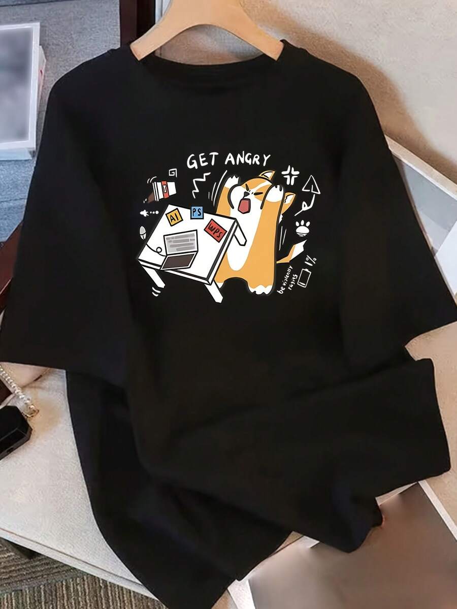 Camiseta de Mujer Minimalista Casual de Verano, Algodón Puro, Cuello Redondo Holgado, Ropa Versátil para Mujer, Camiseta Cómoda Casual para Chicas Jóvenes, Tops de Manga Corta de Moda Juvenil para Uso Diario - Negro - Ver 1
