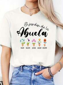 Women's Casual Short Sleeve Round Neck Sports T-Shirt With Spanish Letter Print For Spring And Summer > Beautiful. - 黑色 - 查看 7