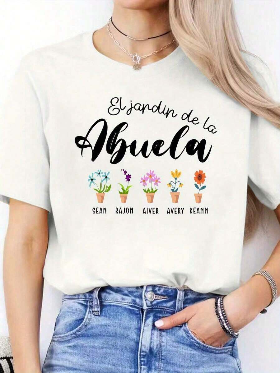 Women's Casual Short Sleeve Round Neck Sports T-Shirt With Spanish Letter Print For Spring And Summer > Beautiful. - 白色 - 查看 1