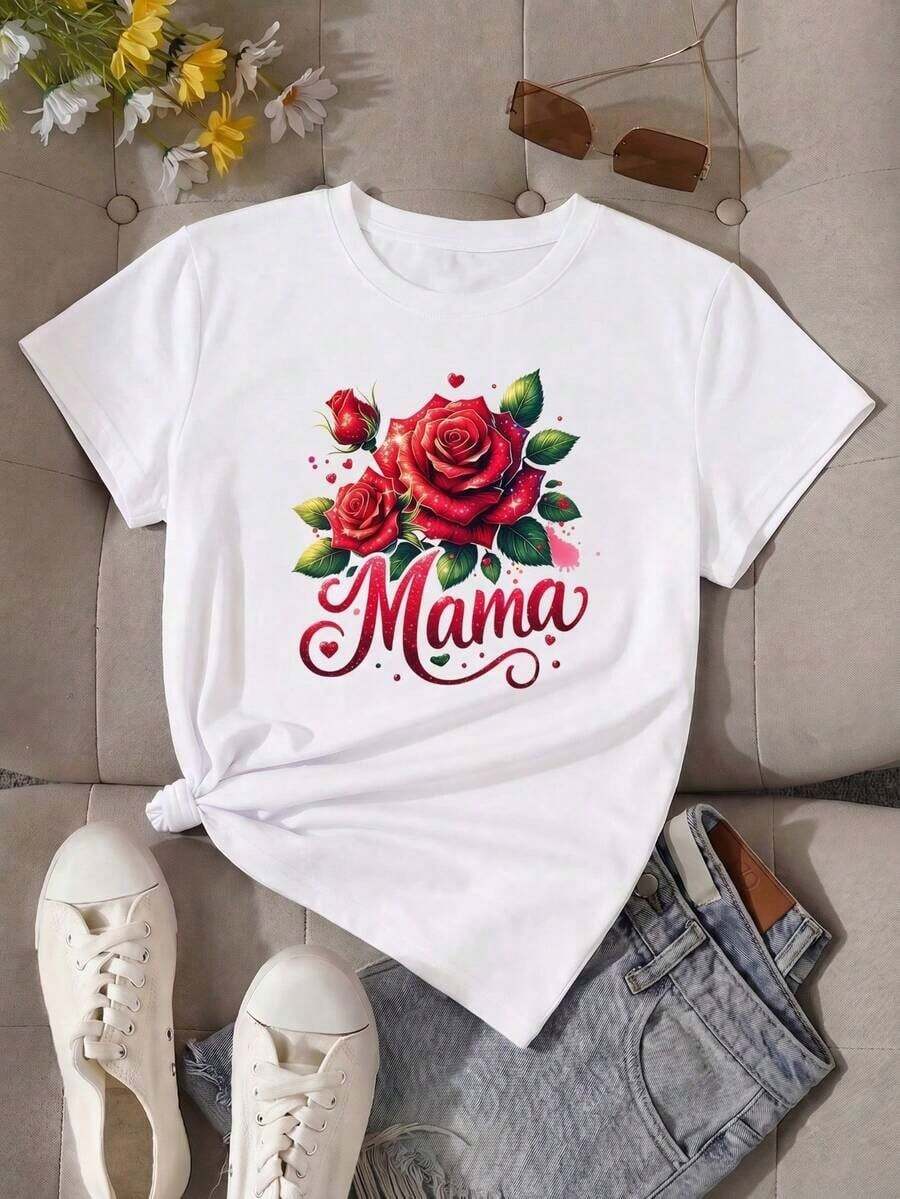 Soft 100% Cotton T-Shirt. New Casual Short-Sleeved Crew Neck T-Shirt For Women In Summer, With A Modern Print Design, Is A Versatile Everyday Staple. Ideal As A Mother's Day Gift, This Cropped T-Shirt Specially Designed For This Day Is A Perfect Present For Moms. Breathable Cotton Tee, All Match, Cool - 白色 - 查看 1