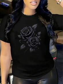 Women's Casual Black T-Shirt With Intricate Rose Print - Short Sleeve And Round Neck, Machine Washable And Breathable For Spring And Summer, Women's Clothing - 黑色 - 查看 6