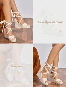Giày sandal đế xuồng cao gót cho nữ, sandal đế xuồng buộc dây giả da lộn màu be, giày đế xuồng hở mũi quai chéo đế dày, giày đi biển mùa hè, giày cao gót nữ. - Màu be - Xem 10