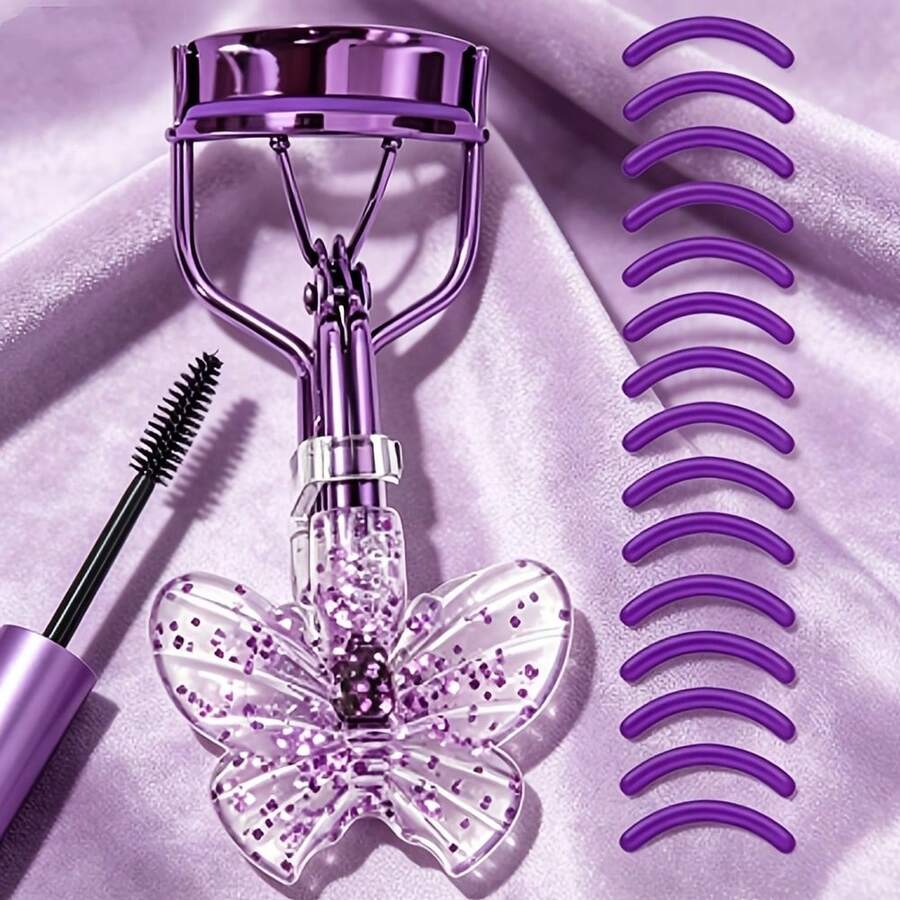 Butterfly Eyelash Curler, Stainless Steel Lash Curler With 15pcs Refill Silicone Pads, No Pinch Pain-Free Design, Long-Lasting Natural Curl, Universal Fit For All Eye Shapes, Cute Glitter Handle, Professional Makeup Tool For Daily & Travel Use