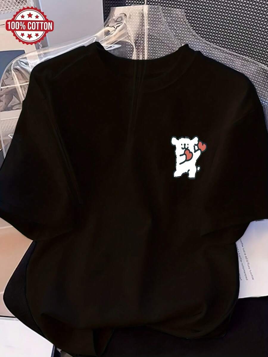 Camiseta de Mujer: Camiseta de Verano Moderna de Algodón Puro, Cuello Redondo Holgado, Ropa Versátil para Mujer, Camiseta Casual Cómoda para Adolescentes, Tops de Manga Corta Vibrantes y Juveniles para Uso Diario. - Negro - Ver 1