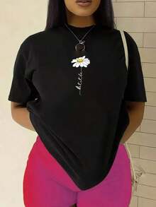 Camiseta Negra Estampada Para Mujer |   Diseño Simple de Margarita, Corte Holgado, Camiseta Casual de Manga Corta con Cuello Redondo, Pieza Esencial de Moda - Negro - Ver 6