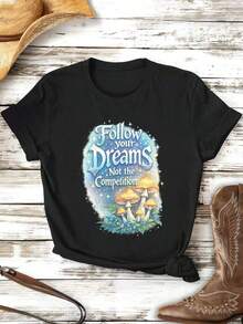 Camiseta estampada de setas de ensue?o para mujer, 100% algodón, cuello redondo, corte holgado, cómoda, informal. Blusas Bonito 100% Algodón - Negro - Ver 3