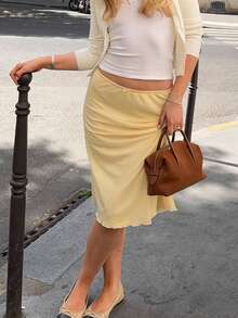 Women's Solid Color Waist Bow Decor Elegant A-Line Skirt - Yellow - View 4