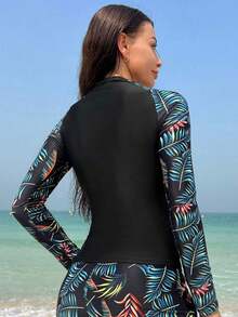 Swim SPRTY Top de tankini con mangas raglán, bloque de color e impresión tropical de playa de verano (1 pieza de top solamente) - Multicolor - Ver 2