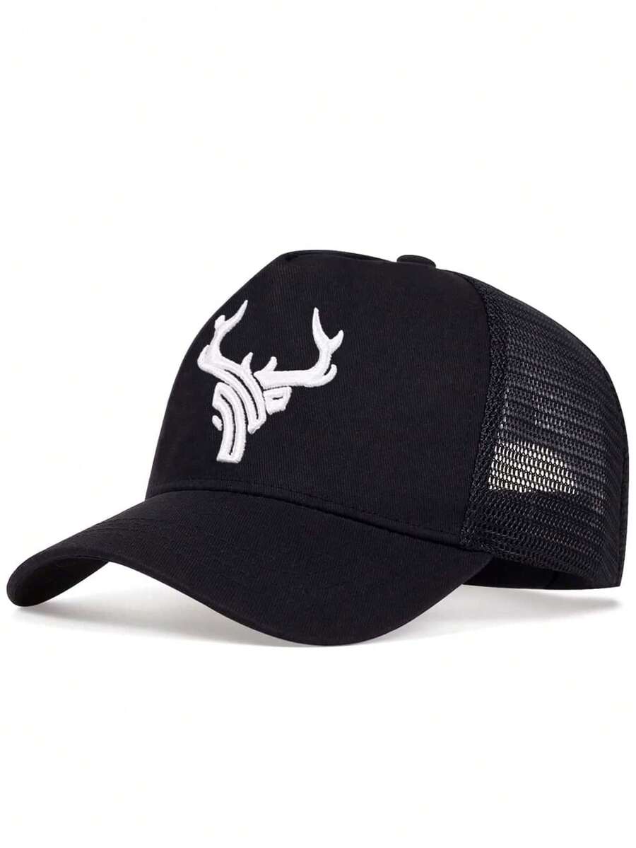 1pc Men's Deer Antler Embroidered Baseball Mesh Cap, Adjustable Outdoor Sun Protection Casual Hat Suitable For Spring/Summer Travel, Beach, Party - Black and White - View 1