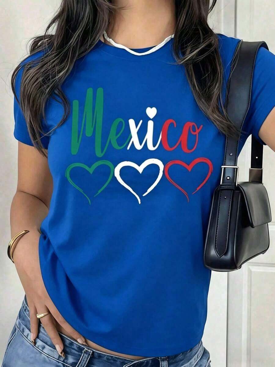 100% Pure Cotton Oversized Printed T-Shirt For Women, Short Sleeve. 100% Pure Cotton Oversized Printed T-Shirt For Women, Short Sleeve. Oversized Black T-Shirt With The Phrase "MEXICO" And The Colors Of The Flag, A Patriotic And Cultural Pride Shirt, A Loose-Fitting Blouse For Independence Day, A Great Gift For Soccer Fans. Spring & Summer Daily Wear, Breathable. - 藍色的 - 查看 1