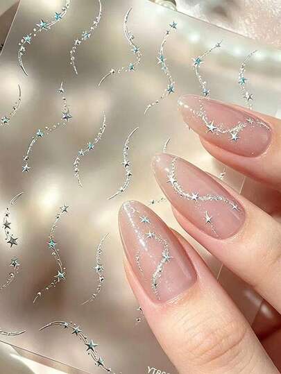 1 miếng dán móng tay hình ngôi sao vàng bạc lấp lánh, tự dính, hình chuỗi sao lấp lánh, dùng cho móng tay gel.