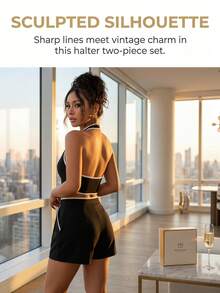 Women's Two-Piece Set: Halter Top And Shorts With A Black And White Color Block Design. Featuring A Decorative Bow At The Back, This Outfit Is Both Cute And Sexy, Perfect For Beach Vacations, Music Festivals, Or Fashion Parties. - 黑色 - 查看 4