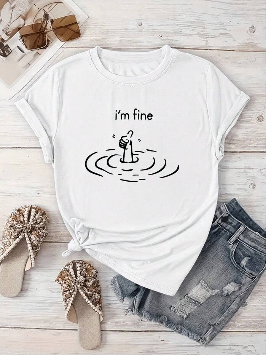 Women's Stick Figure Casual Sports T-Shirt - I'Fine White Tie-Knot T-Shirt, Stretchy Crew Neck, Machine Washable And Suitable For All Seasons. Leisurewear With A Fun Print And Opaque Fabric. - 白色 - 查看 1