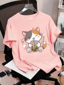 2pcs/Set Girls Casual Outfit, Round Neck Short Sleeve Top + Sports Shorts, Cat Drinking Milk Tea Print, Suitable For Summer Wear - Multicolor - View 3