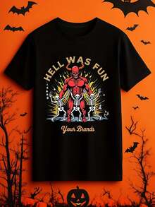 Camiseta Divertida de Halloween para Mujer - Diseño llamativo de diablo rojo musculoso, con calaveras danzantes, texto espeluznante y otros elementos - La elección perfecta para fiestas de Halloween, reuniones festivas y eventos de "truco o ". Adecuada para fiestas y uso diario, ideal para vacaciones y momentos de ocio, excelente para fiestas y vacaciones familiares, moda urbana y de , atuendo de fiesta, ropa casual de verano. - Negro - Ver 1