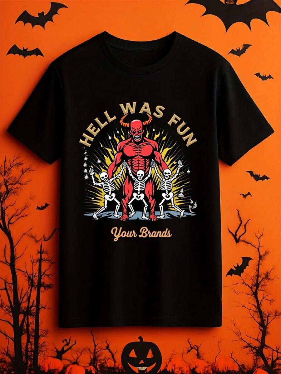 Camiseta Divertida de Halloween para Mujer - Diseño llamativo de diablo rojo musculoso, con calaveras danzantes, texto espeluznante y otros elementos - La elección perfecta para fiestas de Halloween, reuniones festivas y eventos de "truco o ". Adecuada para fiestas y uso diario, ideal para vacaciones y momentos de ocio, excelente para fiestas y vacaciones familiares, moda urbana y de , atuendo de fiesta, ropa casual de verano. - Negro - Ver 1
