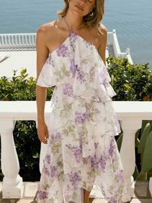 Elegant Off-The-Shoulder Chiffon Maxi Dress With Print For Parties - 白色 - 查看 1