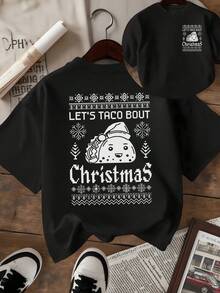 Christmas Taco With Santa Hat Accompanied By Snowflakes And Festive Motifs That Evoke Joy And Humor In The Winter Season. Women's T-Shirt With Fun Double Print, Casual - 黑色 - 查看 8