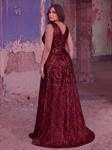 Faeriesty Elegant Sleeveless V-Neck Evening Gown, Adorned With Intricate Embroidery And Shimmering Sequins - A Luxurious Formal Dress Suitable For Weddings, Red Carpet Events, And Formal Galas, Also An Ideal Choice For Summer Vacations. Party Spring - 酒紅色 - 查看 2